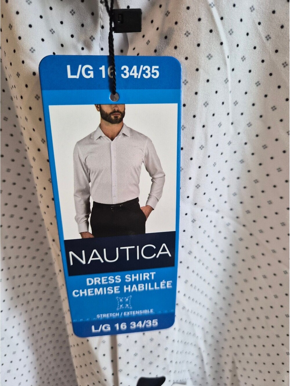 Nautica Men's White Dress Shirt with Black Dot Pattern, Size L/G 16 34/35 0293